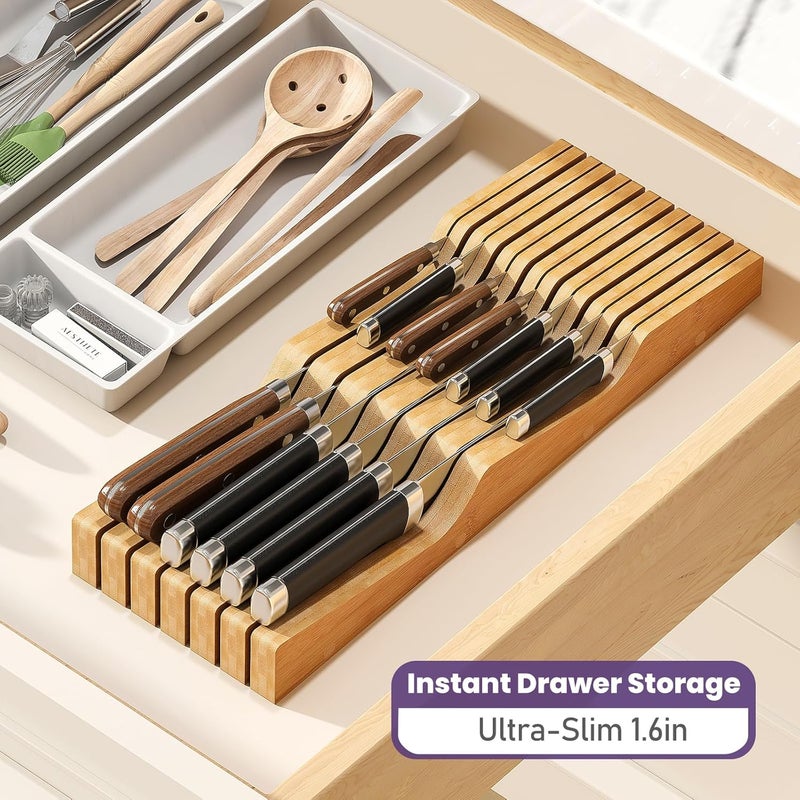 Wieghda Bamboo In-Drawer Knife Block for 13 Knives(Not Included), Knife Drawer Organizer,Knife Holder Countertop,Block Knife Storage Organizer for Kitchen - Image 5
